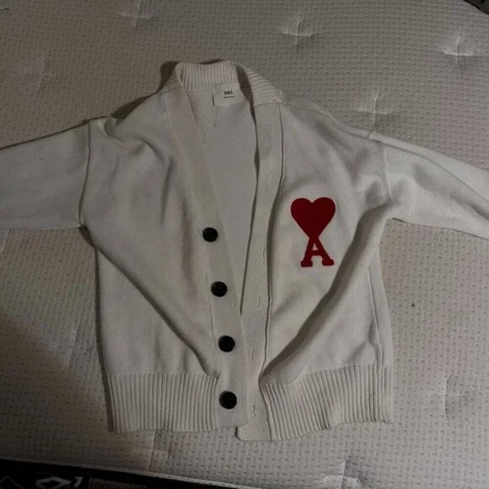 AMI Paris Ami de Coeur Off-White Wool Cardigan Red Heart Small Unisex